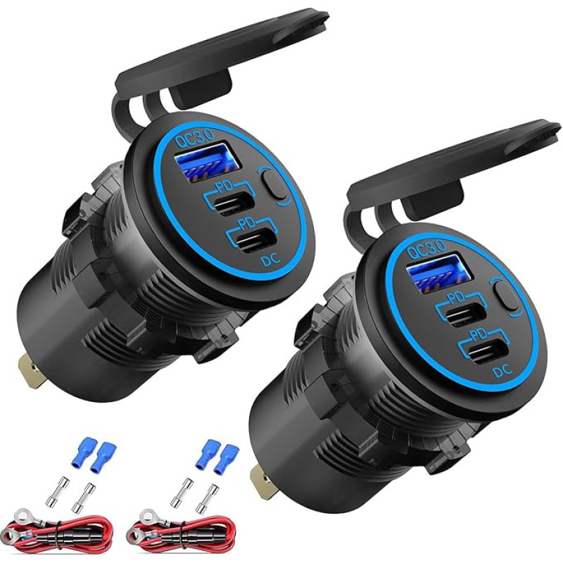 12 V USB Socket USB Charger Multiple Ports, Dual PD3.0 USB-C and Quick Charge 3.0 Car USB Port Socket with Power Switch, Quick Charger for Mobile Phone and Tablet, Suitable for Car Boat