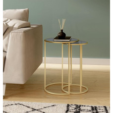 Hallowood Furniture ZON-BTN-RNES380 Small Metal Side Table 2 Tables Gold Tinted Glass Top Living Room Round Stackable Bedroom and Hallway 38D x 55H ZON-BTN-RNES380