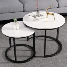 SORVA Rundes Teetisch-Set, Couchtisch-Set im Marmor-Stil, runde Marmor-Arbeitsplatten mit Stahlrahmen für Zuhause, Wohnzimmer und Büro