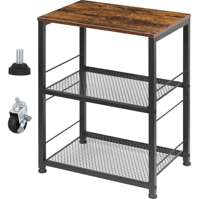 Šoniniai stalai Pramoninis šoninis stalas 3 pakopų sofos šoninis stalas su laikymo vieta, mobilus naktinis stalas su medine lenta ir tinklinėmis lentynomis, riedantis serviravimo vežimėlis svetainei, miegamajam, virtuvei, kaimiškas