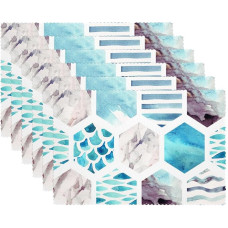 Stoff-Tischsets, waschbare Tischsets für Esstisch, 6er-Set,Skalen gestreifter sechseckiger Marinestil