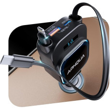 APHQUA 4-in-1 automobilinis įkroviklis su cigarečių žiebtuvėliu, USB-C, 2 x 70 cm susukamas automobilinio įkroviklio kabelis, 96W/12V išėjimas, 12V/24V USB adapteris automobiliui, automobilių aksesuarai iPhone 16/Sumsang S25