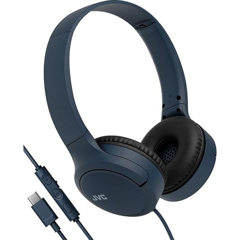 JVC HA-S33UC-A USB-C ausinės su mikrofonu ir 3 mygtukų nuotolinio valdymo pulteliu Minkštos ausinės su mikrofonu ir 3 mygtukų nuotolinio valdymo pulteliu Mėlynas vienpusis kabelis