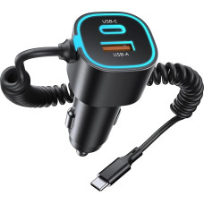 GuMosh 3 Ports Cigarette Lighter USB C, 65 W + 30 W Car Charger Adapter with 1.5 m Spiral Type C Cable, 12-24 V Car Charger USB C Compatible with iPhone 16 15 Pro Max Plus, Galaxy S25 24, GPS, etc.
