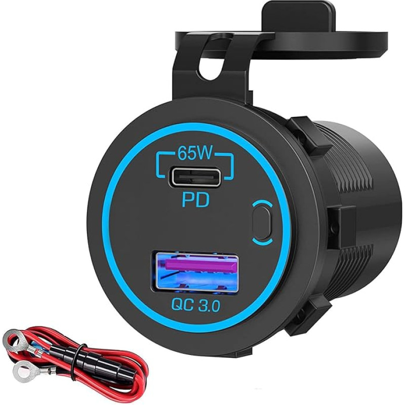 Intckwan 12V USB lizdas, 83 W, trijų prievadų įkroviklis su greituoju įkrovimu vienu metu (QC3.0+PD 65 W) ir įjungimo/išjungimo jungikliu, USB lizdas 12-24 V automobiliui, sunkvežimiui, valčiai, karavanui
