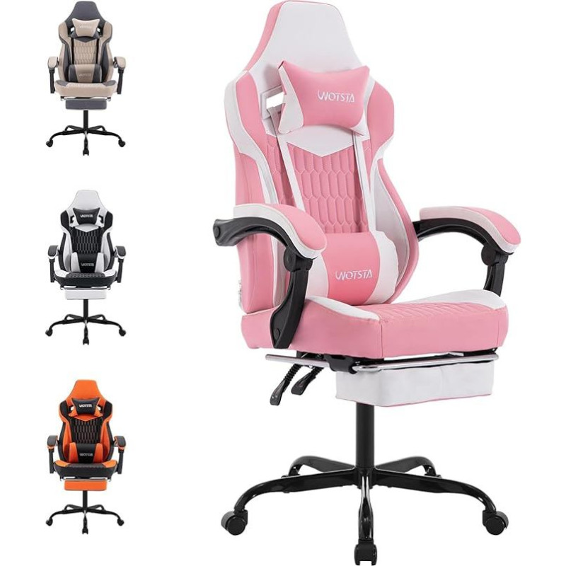 Žaidimų kėdė, ergonomiška žaidimų kėdė su atramomis kojoms ir juosmens atrama, kompiuterio kėdė, reguliuojamo aukščio kompiuterio lenktynių žaidėjų kėdės, skirtos žaidimams ar biurui, rožinė balta