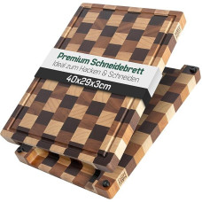 MAKUMORI Premium Chopping Board Made of Solid Wood, End Grain 40 x 29 x 3 cm, Made of Hevea Wood, Carbonised Acacia and Hevea Wood, FSC-Certified, Feet, Juice Groove and Large Grip Recesses
