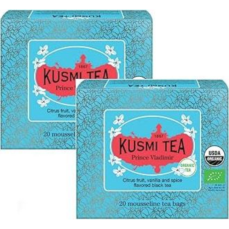 Kusmi Tea® | Juodoji arbata, citrusiniai vaisiai, vanilė, prieskoniai | Juodoji arbata Prince Vladimir | Juodoji arbata, cinamonas, vanilė, gvazdikėliai, citrusiniai vaisiai - 2 x 20 filtrų