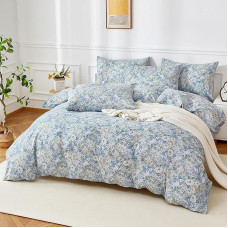 YASMENG Gėlių patalynė 200 x 200 cm Medvilninė mėlyna gėlių rašto patalynė Medvilninė minkšta minkšta kvėpuojanti patalynė Gėlės 3 dalių mergaitėms su užtrauktuku ir 2 pagalvių užvalkalais 80 x 80 cm