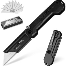 WORKPRO sulankstomas universalus peilis, universalus peilis, kišeninis peilis su greito keitimo mechanizmu, G10 rankena, su 10 papildomų SK5 ašmenų, idealiai tinka odai, PVC, popieriui pjauti, juodas