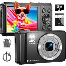 4K 64 MP skaitmeninis fotoaparatas su 32 GB TF kortele, automatinio fokusavimo fotoaparatas su 16 kartų skaitmeniniu priartinimu, nešiojamasis kompaktiškas fotoaparatas su 1200 mAh akumuliatoriumi, USB laidu, skirtas vaikams, paaugliams, suaugusiesiems, p