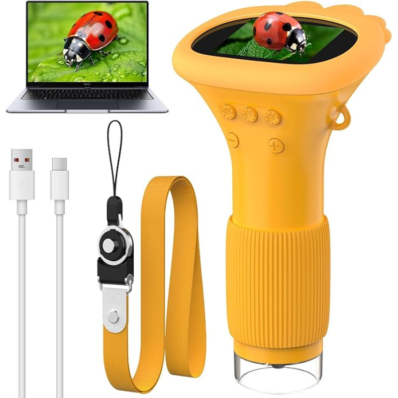 OUTACT skaitmeninis mikroskopas vaikams, mikroskopas mobiliajam telefonui su 8 reguliuojamomis LED lemputėmis, 50-1000x skaitmeninis mikroskopas su reguliavimo rankenėle, nešiojamas vaikų mikroskopas su 4 reguliavimo lygiais