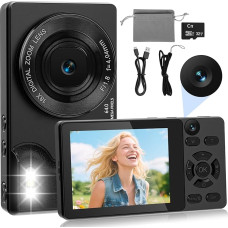 HERBYD 4K 64MP skaitmeninis fotoaparatas su dviem kameromis priekinis ir galinis automatinio fokusavimo fotoaparatas Kompaktiškas vaizdo įrašymo fotoaparatas 2,8 colių ekranas, 18 kartų skaitmeninis priartinimas, 32G žemėlapis vaikams, paaugliams, pradeda