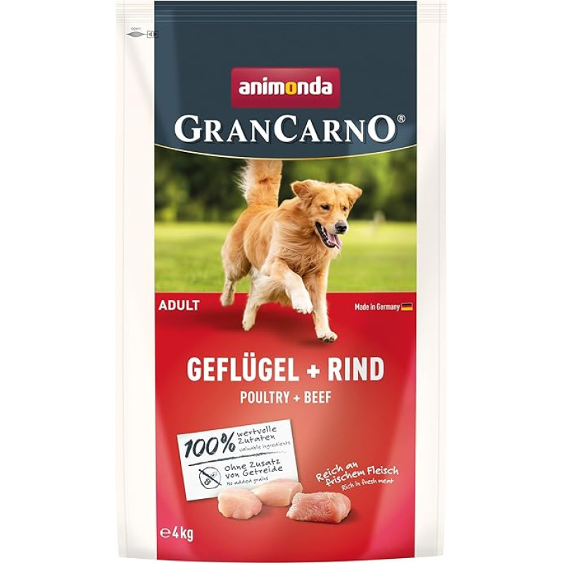 animonda Grancarno Adult Dry Dog Food, Grain-Free Poultry + Beef (1 x 4 kg), sausas maistas suaugusiems šunims be glitimo ir kviečių, gerai virškinamas sausas šunų maistas
