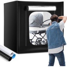 OMBAR Foto dėžė, fotostudijos šviesos dėžė, 100 x 100 x 100 cm, reguliuojamas 384 dalių LED apšvietimo šviesos palapinė 5500 K - 6000 K su 3 fonais (baltas, juodas, mėlynas) profesionaliai fotografijai