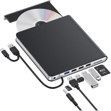 Išorinis CD DVD įrenginys USB 3.0 ir C tipo DVD įrenginys Išorinis su 4 USB ir SD/TF, DVD RW įrašymo įrenginys Išorinis CD įrenginys, skirtas nešiojamiesiems kompiuteriams, kompiuteriams, staliniams kompiuteriams, 