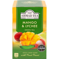 Ahmad Tea - Mango & Lychee - žalioji arbata su mango ir ličiais - su vaisių gabalėliais - atskirai suvynioti, aromatingai užspaudžiami arbatos maišeliai su 2 g arbatos vienoje porcijoje - 20 arbatos maišelių su juostele