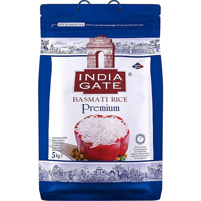 INDIA GATE Premium Basmati ryžiai - smulkūs, aromatingi ilgagrūdžiai ryžiai iš Indijos, smulkūs ilgagrūdžiai (1 x 5 kg)