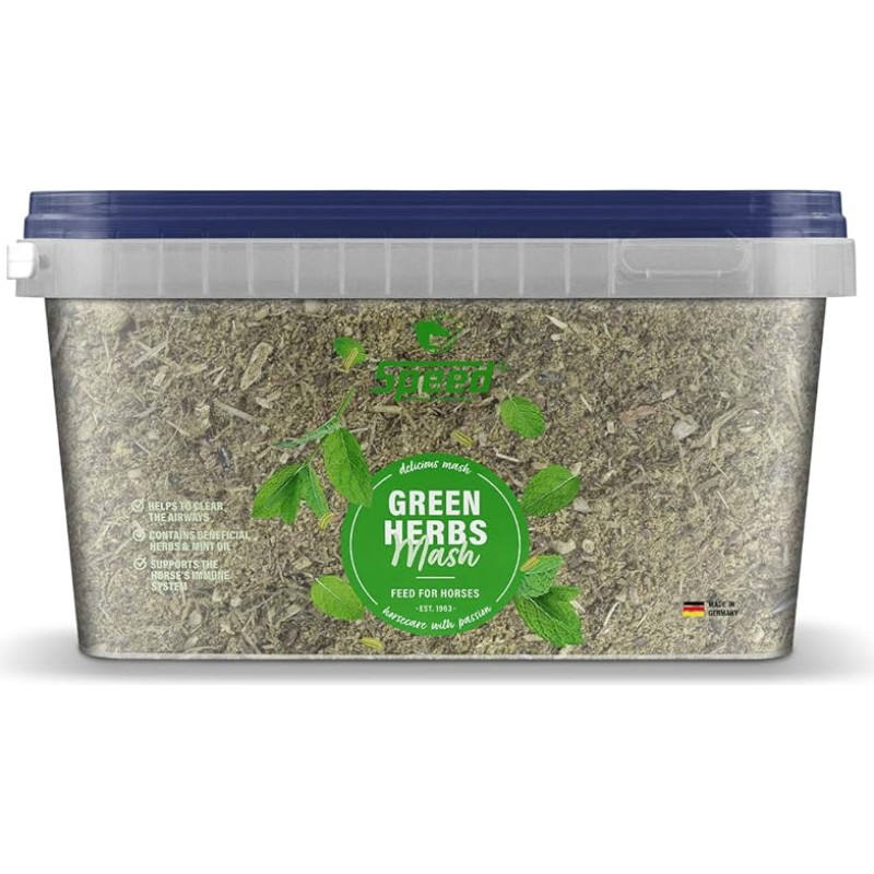 Speed Green Herbs Mash, 3,5 kg, maistas arkliams su vertingomis žolelėmis, be melasos, be pridėtinio cukraus, raminantis įkvėpimo poveikis, sumažintas grūdų krakmolo kiekis, pagamintas Vokietijoje