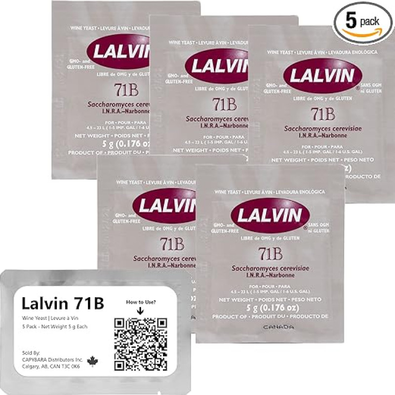 Lalvin 71B vyno mielės (5 vnt.) - midaus mielės - pasigaminkite vyno midų, sidrą, kombučą namuose - 5 g maišelis - Saccharomyces cerevisiae - Parduoda CAPYBARA Distributors Inc.