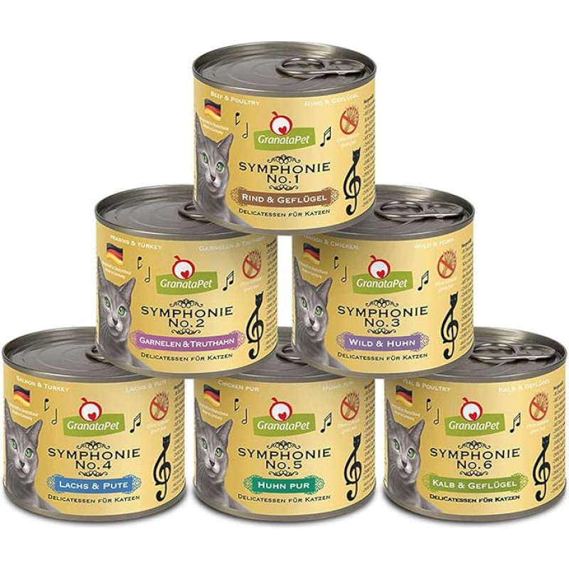 GranataPet Symphony No. 1 - 6 Multipack, 6 x 200 g, kačių ėdalas bandomojoje pakuotėje, be grūdų ir pridėtinio cukraus, filė natūralioje želė, švelnus drėgnas ėdalas katėms