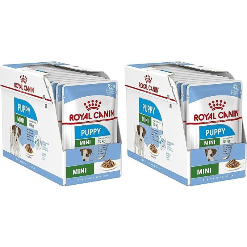 Royal Canin Mini Puppy | Twin Pack | 2 x 12 x 85g | Šlapias maistas mažų šunų šuniukams | Iki 10 mėnesių | Smulkūs gabalėliai padaže | Minkšta tekstūra pieniniams dantims