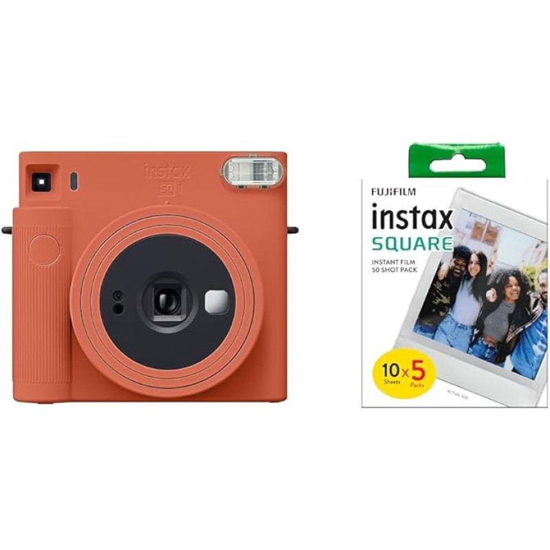 instax Square SQ1 momentinis fotoaparatas, terakotos oranžinės spalvos ir kvadratinės juostos, 5 vnt. (5 x 10 nuotraukų)