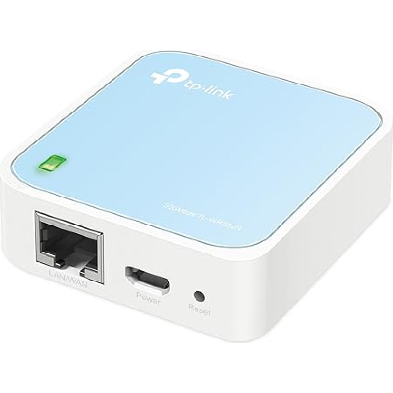 TP-Link TL-WR802N N300 WLAN Nano maršrutizatorius (Tragbar, prieigos taškas, TV adapteris, kartotuvas, maršrutizatorius, klientas, 300 Mbps (2,4GHz), spausdinimo, medijos, FTP serveris), mėlynas, baltas