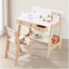 Giant bean Kinder-Schreibtisch-Set mit Stuhl Holz-Kinderset mit höhenverstellbarem Schreibtisch & Stuhl (3-12 J.). Stabile Tischplatte (40 kg), für Hausaufgaben & Spielen Kinderschreibtisch