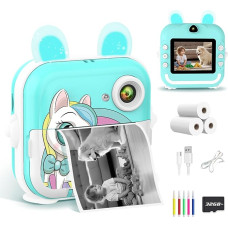 Vaikiškas fotoaparatas Momentinis fotoaparatas 2,4 colio skaitmeninis fotoaparatas su 32G kortele ir spausdinimo popieriumi, 1080P skaitmeninis fotoaparatas vaikams su spalvotu, vaikiškas fotoaparatas dovanos berniukams ir mergaitėms 3-12 m.