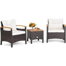 GIANTEX rotango balkono baldų rinkinys 2 asmenims, 3 dalių rotango sodo baldų komplektas su pagalvėlėmis, kreminės baltos spalvos, sodo baldų komplektas, 2 kėdės su stalu, sodo baldų komplektas, sodo baldų komplektas, sodo baldų komplektas