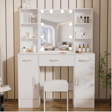 Saimeihome SW65 Dressing Table with Lighting in 3 Light Modes, Dressing Table with Mirror and Stool, Large Cosmetic Table with Drawers and Shelf for Bedroom 100 x 40 x 140 cm