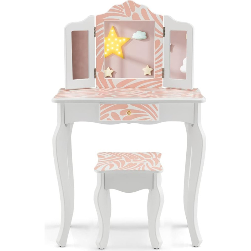 DREAMADE 2-in-1 vaikiškas tualetinis staliukas su taburete ir nuimamu veidrodžiu, princesės tualetinis staliukas su stalčiumi, medinis kosmetinis staliukas, vaikiškas makiažo staliukas mergaitėms (zebro raštas)