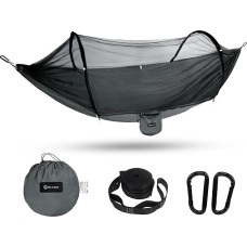 BTRWOR Hamakas, lauko hamakas su tinkleliu nuo uodų, nailoninis kempingo kelioninis hamakas, 300 kg keliamoji galia, 260 x 140 cm, kempingo reikmenys lauke, patalpoje, su diržais ant medžio (tamsiai pilka)