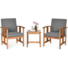 FANTASK 3-Piece Acacia Wood Balcony Set Including Side Table and 2 Chairs, 3-Piece Garden Furniture Set with 2 Seat Cushions and 2 Back Cushions for Garden, Balcony