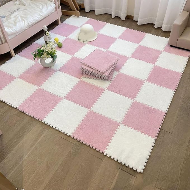 ouxei 60 Stück 12x12 Zoll (30,5 X 30,5 cm) 0,4 Zoll (1 cm) Plüsch-Ineinander Greifende Schaumstoff-Teppichfliesen Für Bodenbeläge(Pink White)