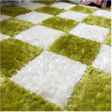 ouxei 16 Stück 12x12 Zoll (30,5 x 30,5 cm) 0,4 Zoll Plüsch-Eva-Schaum-Fußmatten mit Rand für Zimmer(White+Green)