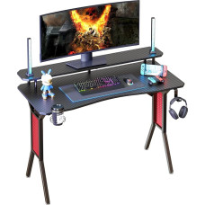 HEEYUE Gaming Desk, Computer Desk with Large Monitor Stand, Solid Metal Legs with Red Mesh Frame, Gamer Workstation with Cup Holder, Headphone Hook for Home Office