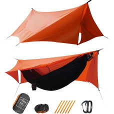 Travel Bird SkyNest Hammock Set with Mosquito Net and Rain Fly Tarp, 4-in-1 Camping Hammock Tent, Ultralight Portable Double Layer Hammock with Ridge Rope for Camping, Hiking, Backpacking