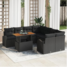 Rantry 9-teiliges Garten Sofa Set mit Kissen, schwarzes Poly-Rattan, 2-Sitzer Garten Sofa mit Stauraum & Kissen, schwarzes Poly-Rattan Gartenlounge Modelis3358305