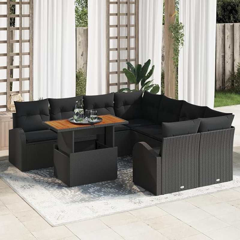 Rantry 9-teiliges Garten Sofa Set mit Kissen, schwarzes Poly-Rattan, 2-Sitzer Garten Sofa mit Stauraum & Kissen, schwarzes Poly-Rattan Gartenlounge Modelis3358305