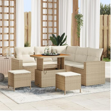 Rantry 8-teiliges Garten Sofa Set mit Kissen Beige Poly Rattan Akazie, 3-teiliges Garten Esstisch Set mit Kissen Beige Poly Rattan Akazie Gartenlounge Model3361616