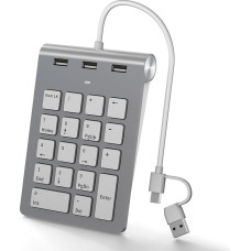 Yeemie Numpad Wired, Numeric Keypad with 3 USB 2.0 Ports, Numeric Keypad, 18 Keys, Ergonomic Mini Numeric Keypad, and Function Keys for Laptop, Tablet, Notebook, PC, Desktop and More, Aluminium