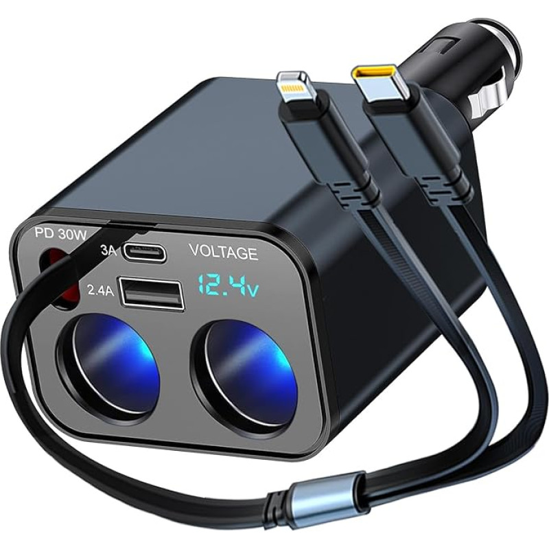 12 V/24 V Cigarette Lighter Splitter 159 W Retractable Car UAB C Charger USB Adapter 2 Way Socket Multiple Splitter Socket Adapter Quick Charger for Mobile Phone GPS Dash Camera Seat Heating