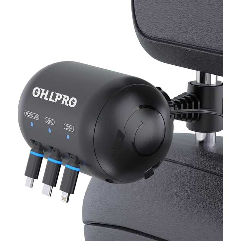 OHLPRO Multi Headrest Retractable Car Charger, 3-in-1 USB-C Charging Cable, Retractable Back Seat Car Charger for iPhone, Samsung, Android, Ideal for Taxi, Uber, Chauffeurs, Travel Accessories