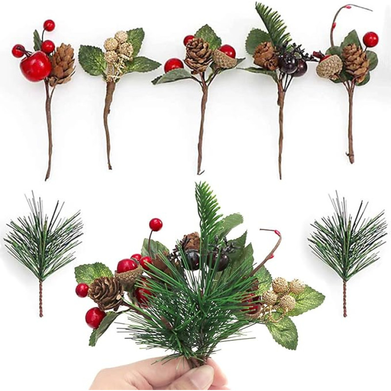 14 Pieces Artificial Christmas Picks Mini Pine Tree Branches Artificial Pine Cones Red Berry Flowers Ornaments for Christmas Wreaths Home Vase Decoration Gift