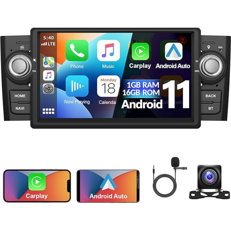 1+16G Car Radio for Fiat Punto 2005-2009/Fiat Linea 2007-2011 with Wireless A-pple Carplay Android Car, podofo 7 Inch Bluetooth Screen Multimedia Radio with HiFi/SWC/GPS/WiFi/RDS/FM + Reversing Camera