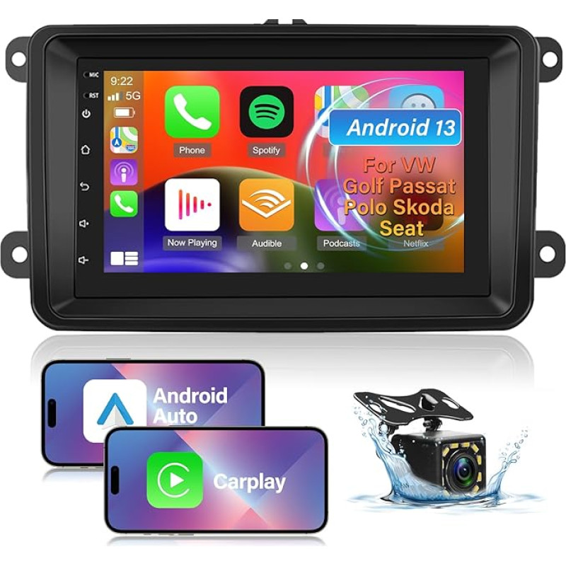 Android Car Radio for VW Golf 5 6 T5 RCD Caddy Passat Polo Skoda Seat with Carplay and Android Car, 7 Inch Touchscreen Radio with Navigation WiFi GPS Steering Wheel Control + Reversing Camera +