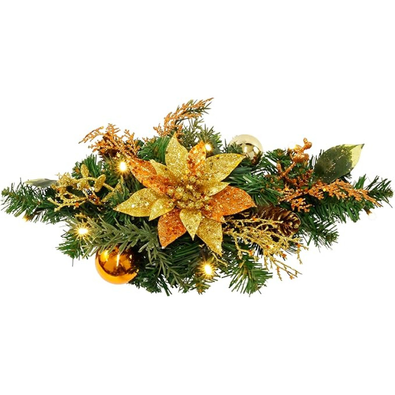 Artificial Fir Arrangement with LED Garland, Christmas Star Christmas Tree Baubles, Table Decoration, Christmas Flower Arrangement, Garland, Artificial Flowers, Christmas Decoration, Poinsettia Fir