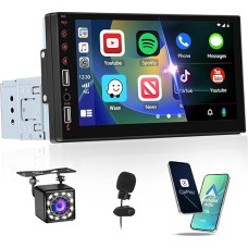 Hikity 1 DIN Carplay Car Radio with Screen Reversing Camera & Remote Control & Mic, CarPlay and Android Car, 7 Inch Car Radio Touch Display with Bluetooth 2USB SWC FM Radio